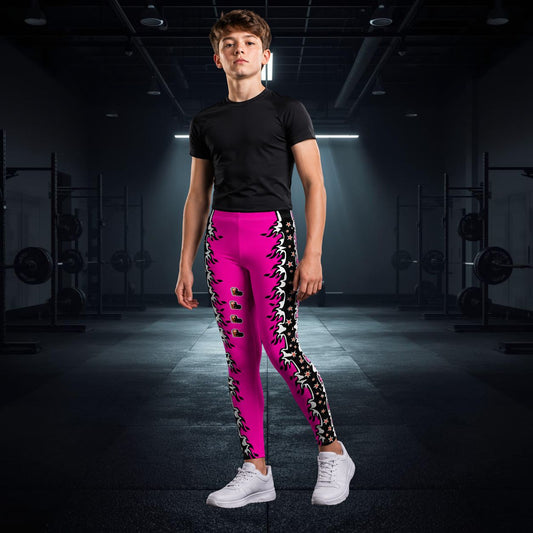 Person wearing bright pink leggings with black fire and star patterns in a gym setting