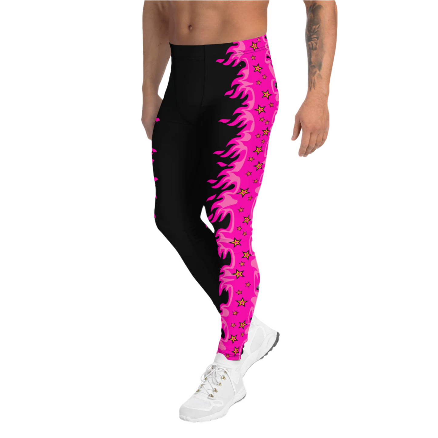 Pink Fire men's black pro wrestling leggings with pink flame design