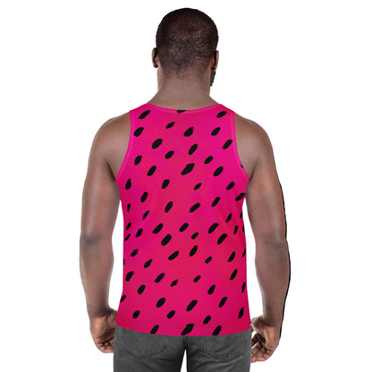 Person wearing a pink tank top with black patterns on a white background