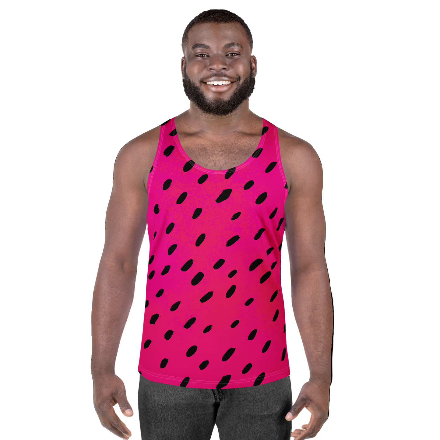 Man wearing a pink watermelon tank top with black seeds
