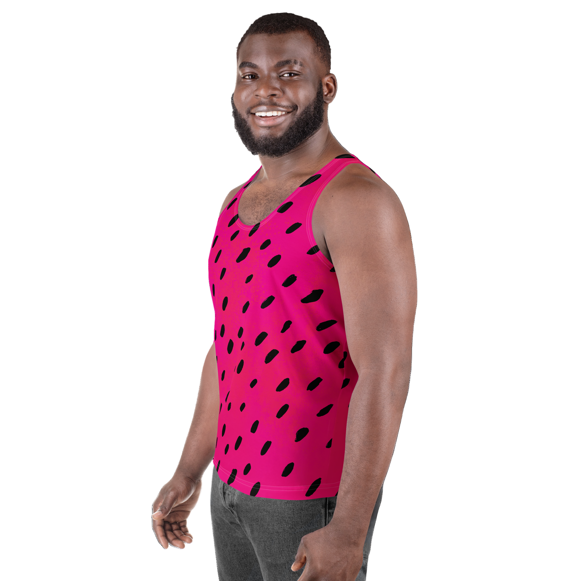 Man wearing a pink watermelon tank top with black seeds on a white background