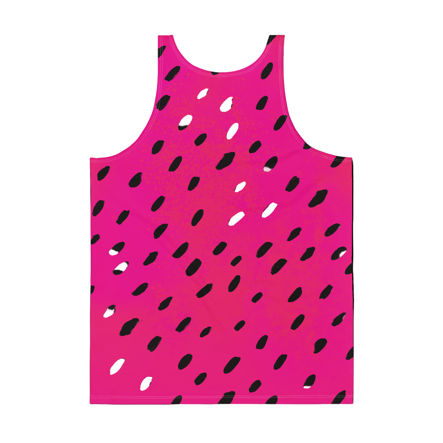 Pink tank top with black watermelon pattern on a white background