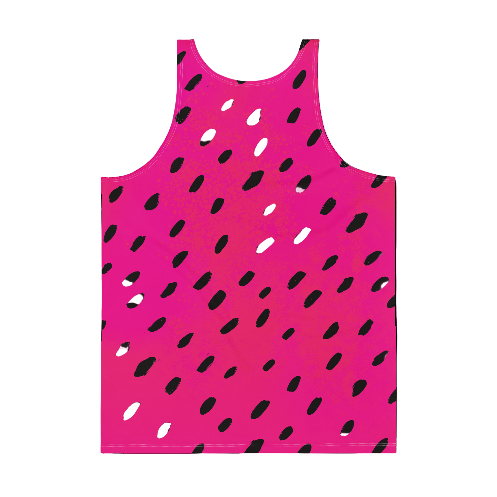 Pink tank top with black watermelon pattern on a white background