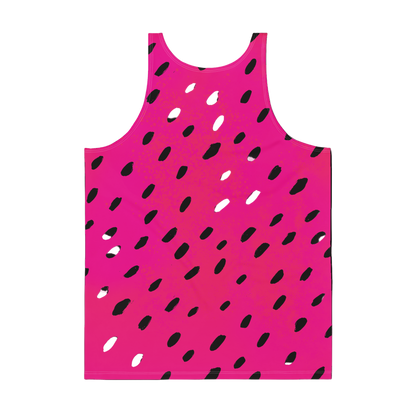 Pink tank top with black watermelon pattern on a white background