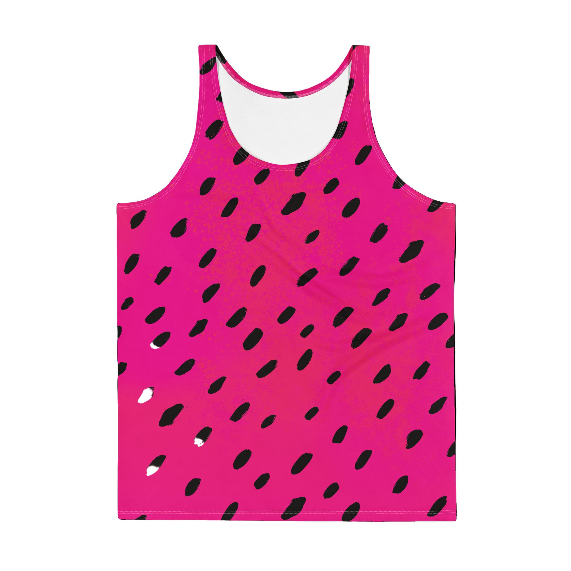 Pink tank top with black abstract pattern on a white background