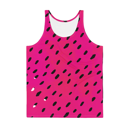 Pink tank top with black abstract pattern on a white background