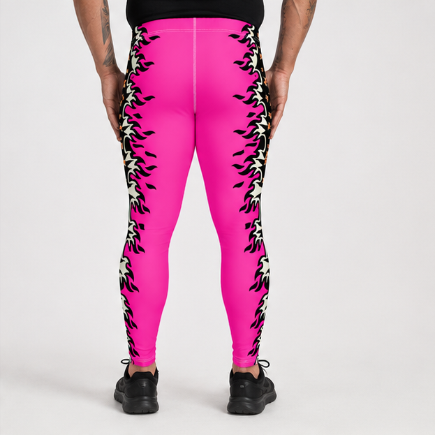 A person shown from the back wearing bright pink leggings with bold black and white flame-like side patterns, paired with a black top and black sneakers, against a light gray studio background.