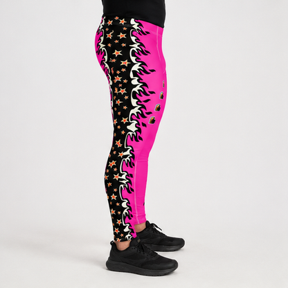 Pink and black patterned leggings worn by a model, featuring a black thigh with white and orange flame-like graphics and gold stars, paired with a bright pink lower leg. The model is wearing black sneakers against a light gray studio background.