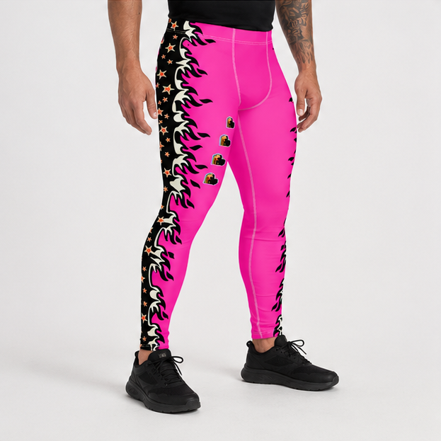 A person modeling bright pink leggings with black side panels decorated with white unicorn illustrations and small gold crown motifs, paired with black athletic shoes on a light gray studio background.
