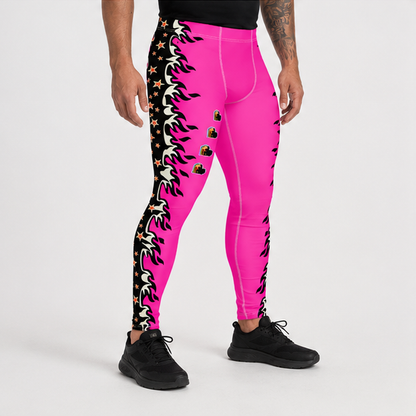 A person modeling bright pink leggings with black side panels decorated with white unicorn illustrations and small gold crown motifs, paired with black athletic shoes on a light gray studio background.