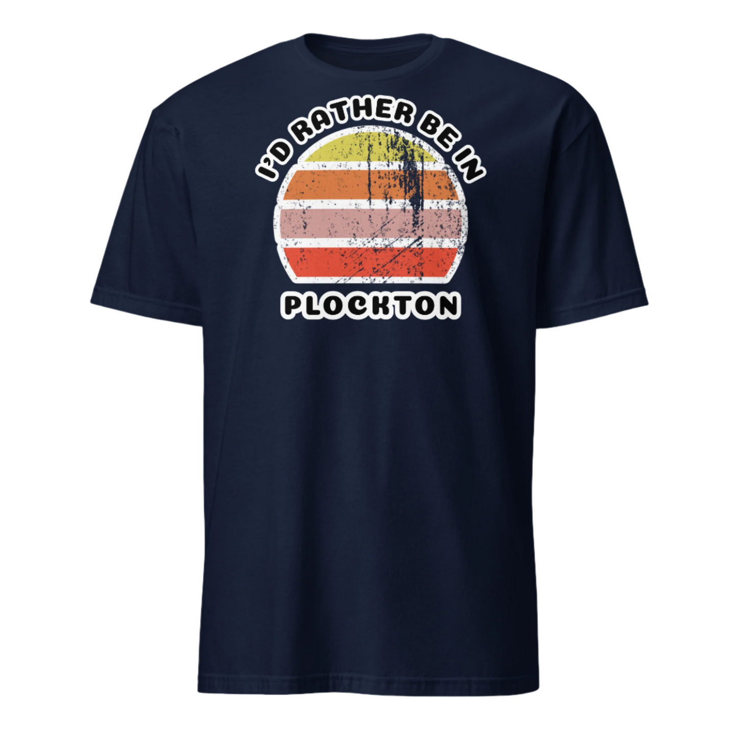 Vintage style distressed effect sunset graphic design t-shirt entitled I'd Rather be in Plockton on this navy cotton tee