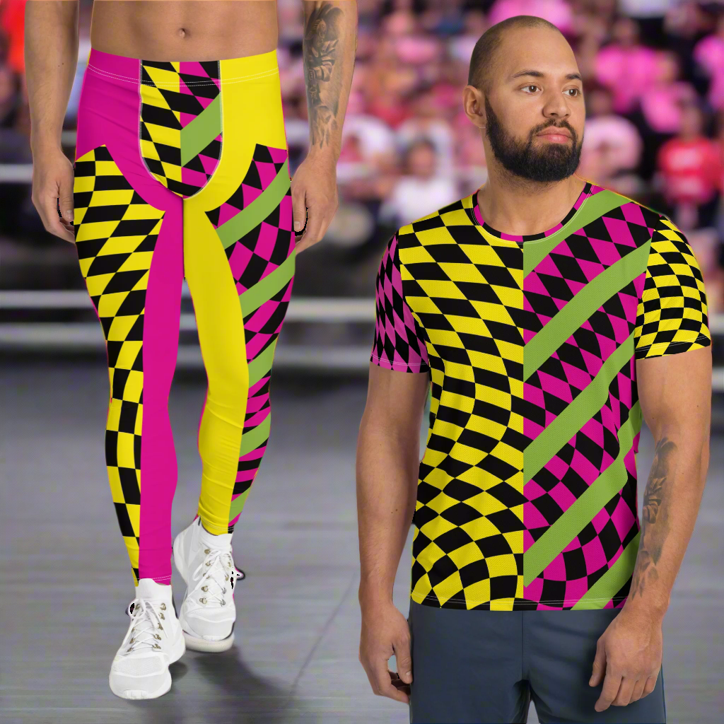 Retro 80s pro wrestling cosplay outfit including pro-wrestling tights for men and matching athletic t-shirt for men in yellow and pink with black glitchcore patterned. Alternating vibrant colors with green diagonal stripes in a kitsch design.