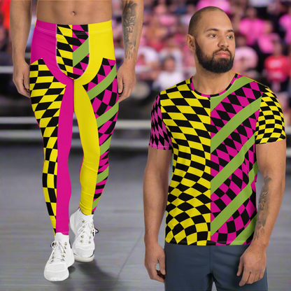 Retro 80s pro wrestling cosplay outfit including pro-wrestling tights for men and matching athletic t-shirt for men in yellow and pink with black glitchcore patterned. Alternating vibrant colors with green diagonal stripes in a kitsch design.