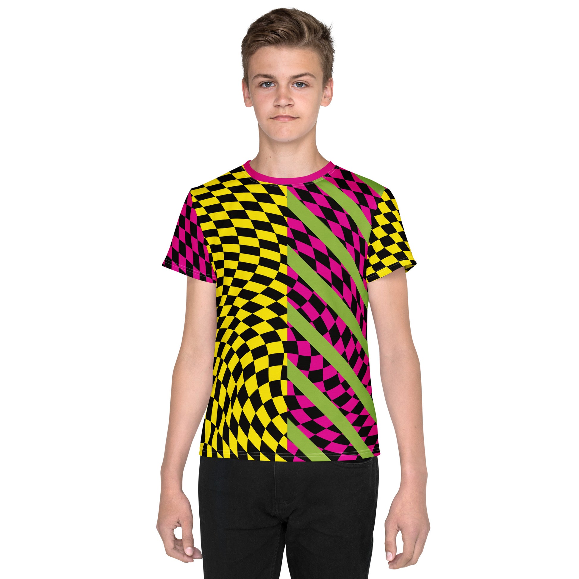 Fun retro pro wrestling cosplay t-shirt for youths and teenagers. Pink and yellow with swirly black checks. Green diagonal stripes. Split color design.