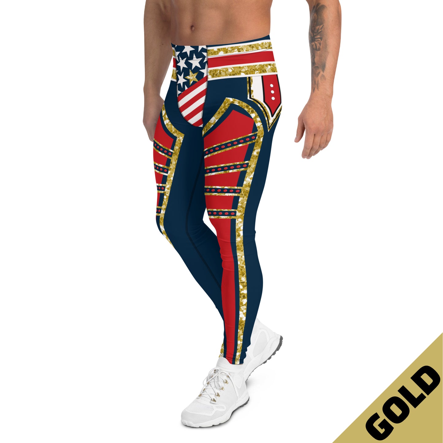 Side view of men’s wrestling-inspired leggings featuring bold red panels, navy base, and gold detailing