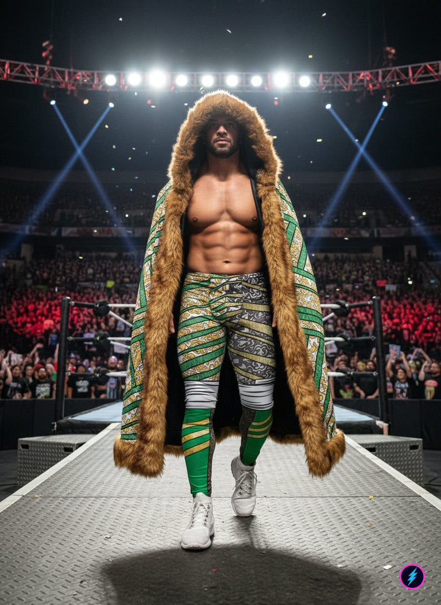 Wrestler in a fur-lined coat and green and gold striped wrestling tights walking on a wrestling ring ramp.
