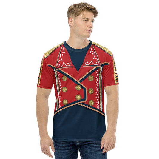 Men’s pro wrestling style all-over print t-shirt with red, navy, and gold circus-inspired design