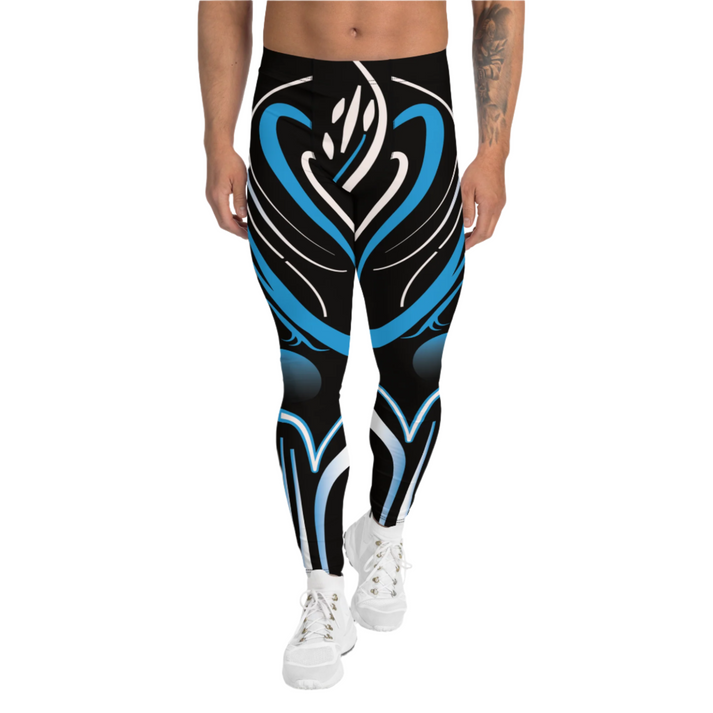 Cyberpunk-style pro wrestling tights in blue and dark gradient print, performance fabric for training and cosplay