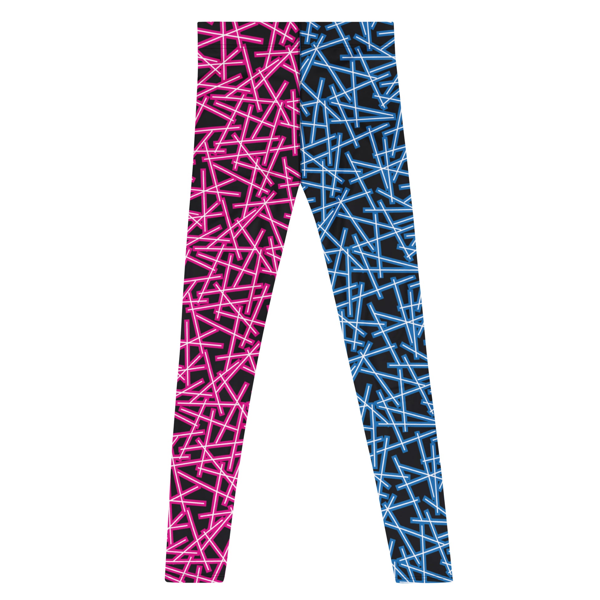 rear view of neon blue and pink patterned black leggings