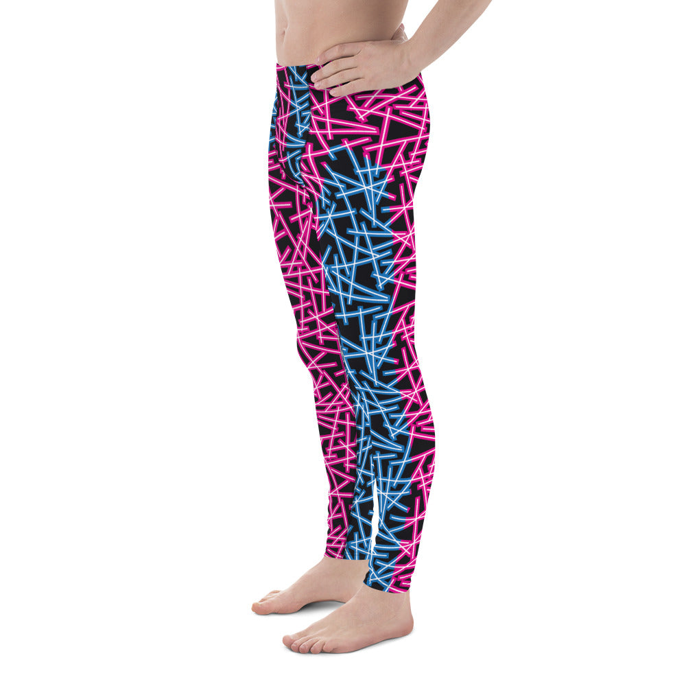 left view of person wearing neon blue and pink patterned black leggings