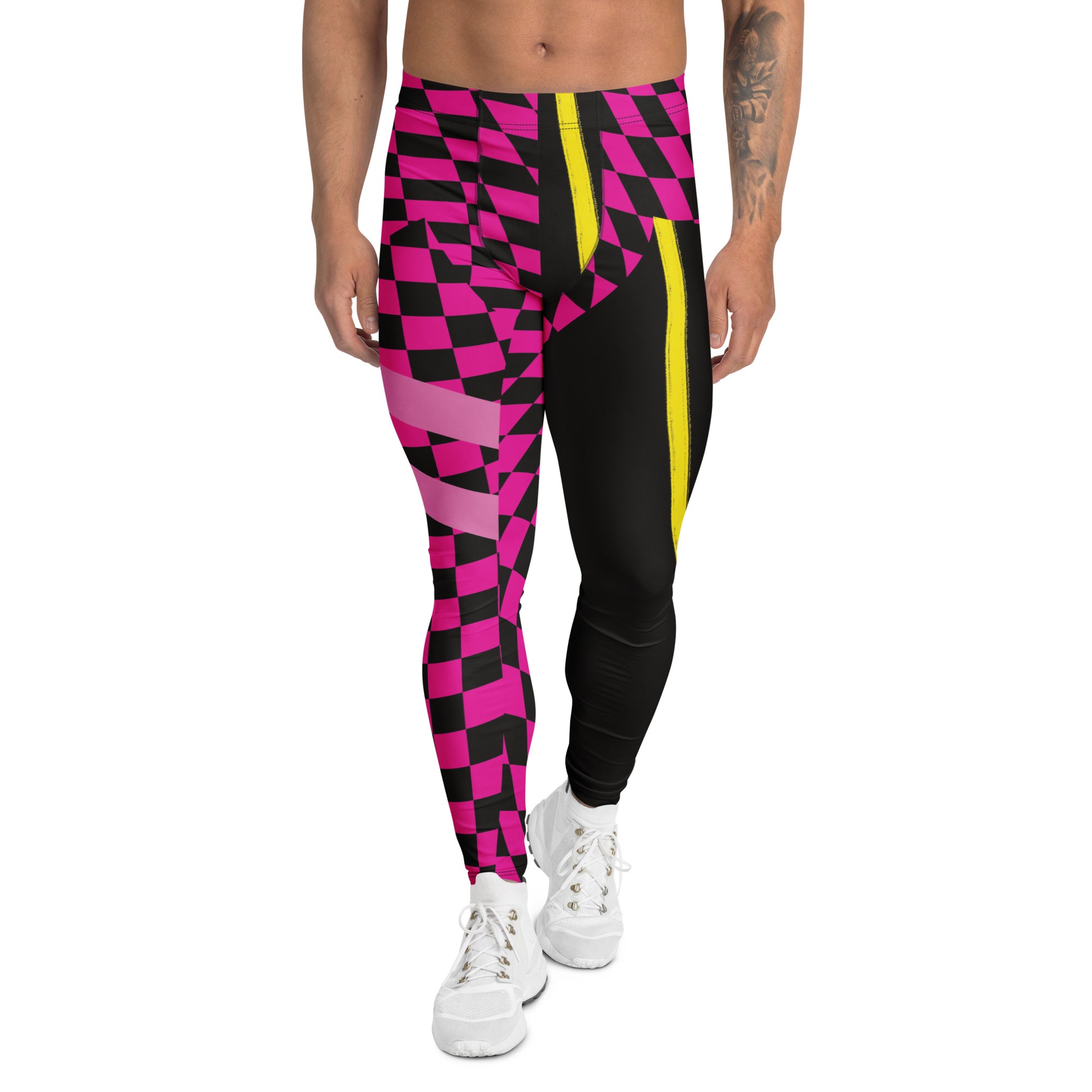 Men’s Fantasy Checks Leggings – retro geometric pink, black, and yellow wrestling-style compression tights by BillingtonPix