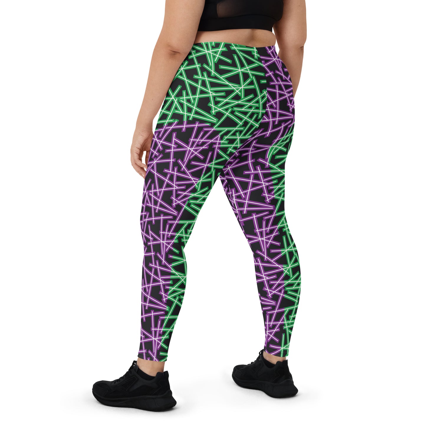 Neoncore style leggings for women with scattering pattern of neon stripes in purple and green on these printed pro wrestling style tights. Mid rise elasticated waistband and ankle length legs in opposite colors with reverse insets.