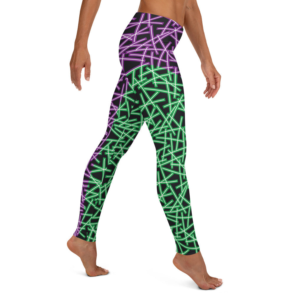 Neoncore style leggings for women with scattering pattern of neon stripes in green and purple on these printed pro wrestling style tights. Mid rise elasticated waistband and ankle length legs in opposite colors with reverse insets.