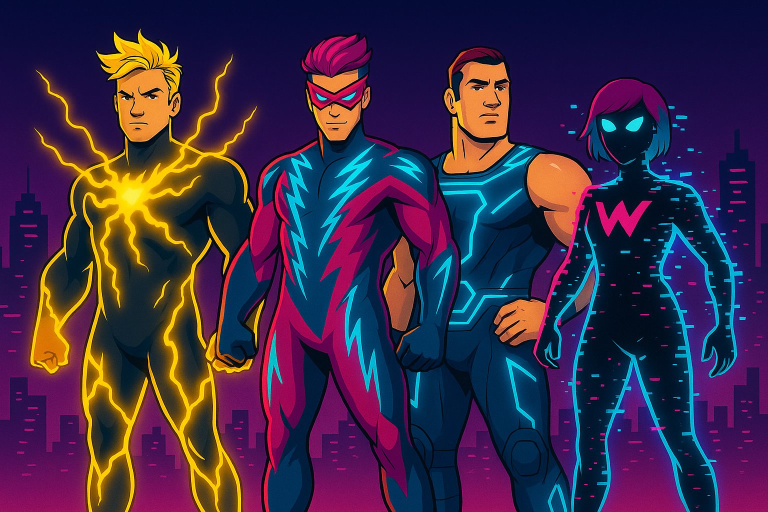 Neon City Renegades have arrived in town. Consisting of Thunder JAck with is bright flaming costume, Blitz Vector with his lightning strikes, Synth Knight with his deep navy and cyan armour and WildByte with their glitchy stream of pure wrestling theatre.
