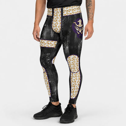 Person wearing black leggings with gold and purple designs on a white background