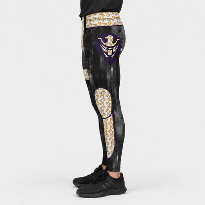 Black wrestling leggings with gold and purple designs and eagle motif on a white background
