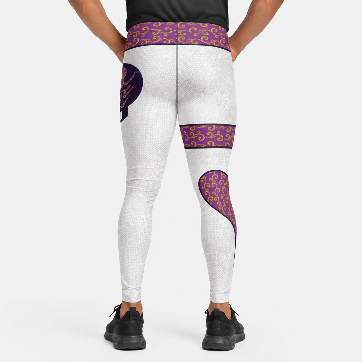 Silver leggings with purple and yellow patterns on a white background