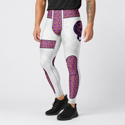 Person wearing silver sports leggings with purple and gold patterns on a light gray background