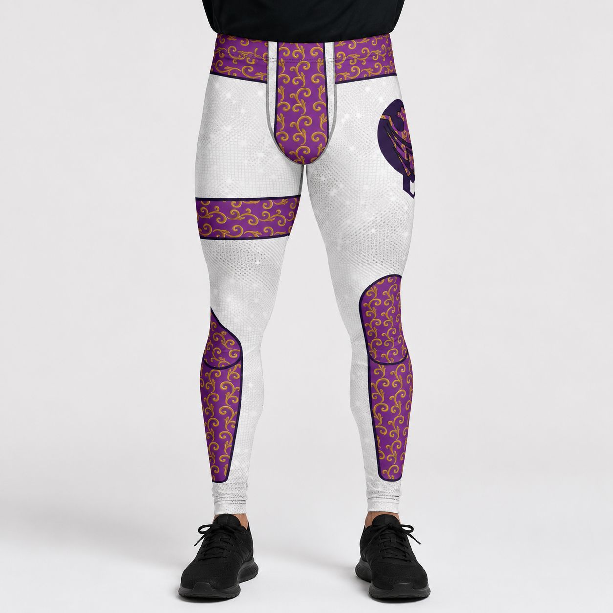 Silver wrestling tights with purple and gold brocade patterns on a white background