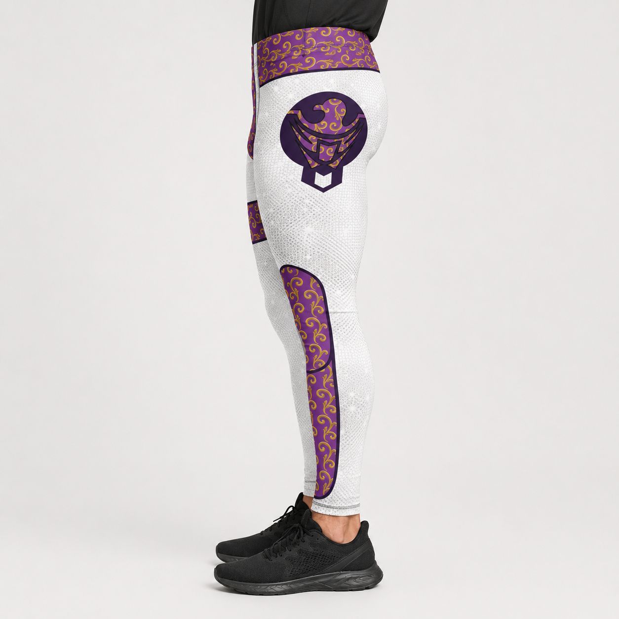 Silver festival leggings with purple and gold patterns on a white background