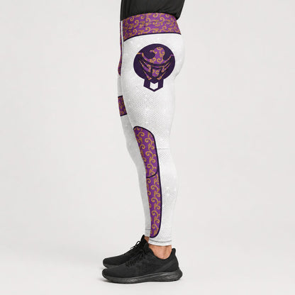 Silver festival leggings with purple and gold patterns on a white background