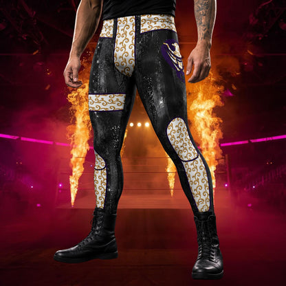 Person wearing black wrestling pants with gold brocade style and printed eagle design on a fiery background