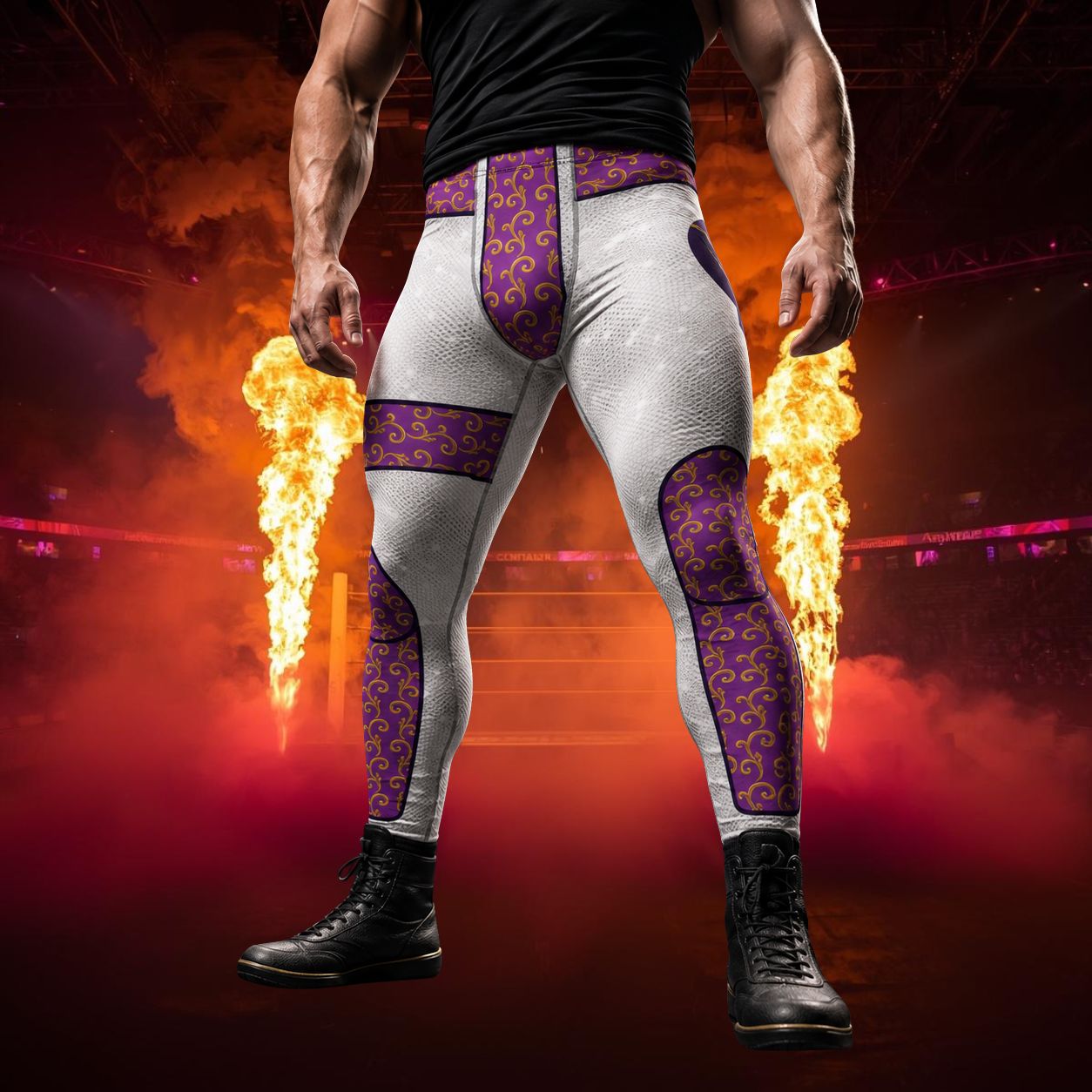 Person wearing silver wrestling pants with gold brocade and purple style and printed eagle design on a fiery background