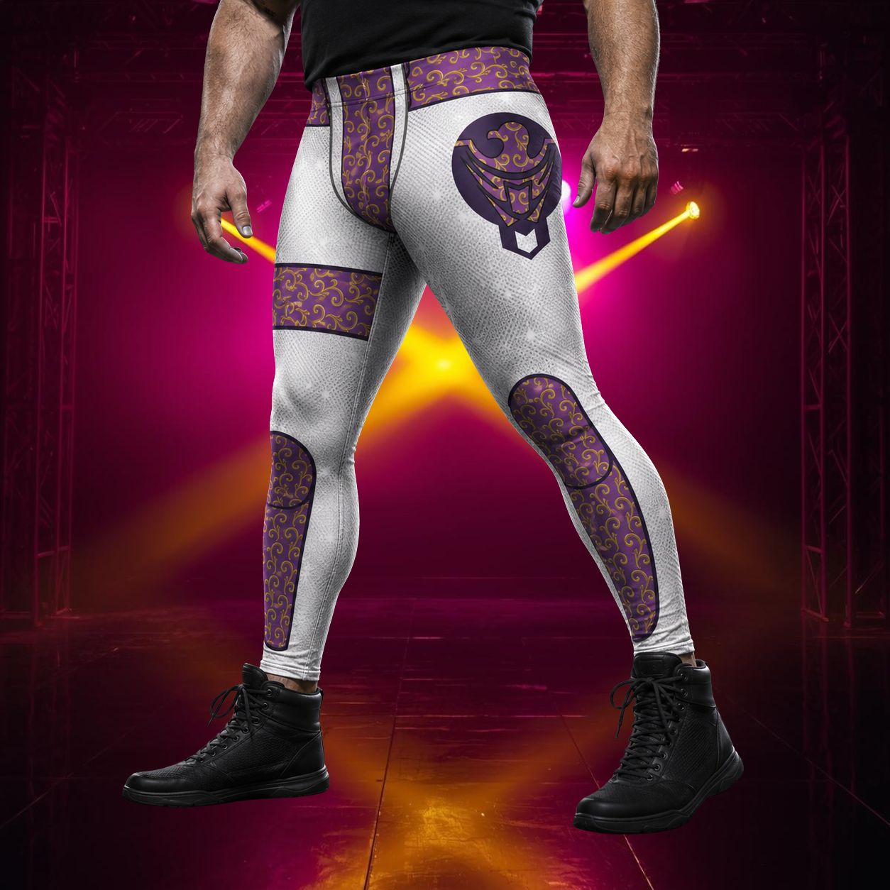 Person wearing siver meggings with purple patterns on a dark backgroundl