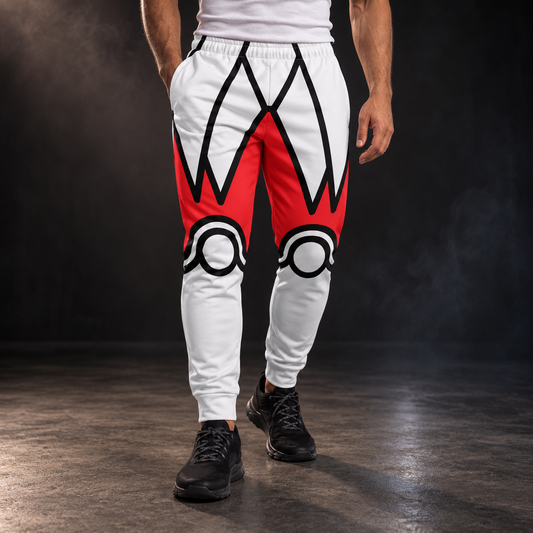 Man wearing the Crimson Crest red and white wrestling joggers with a white tee, front view - BillingtonPix