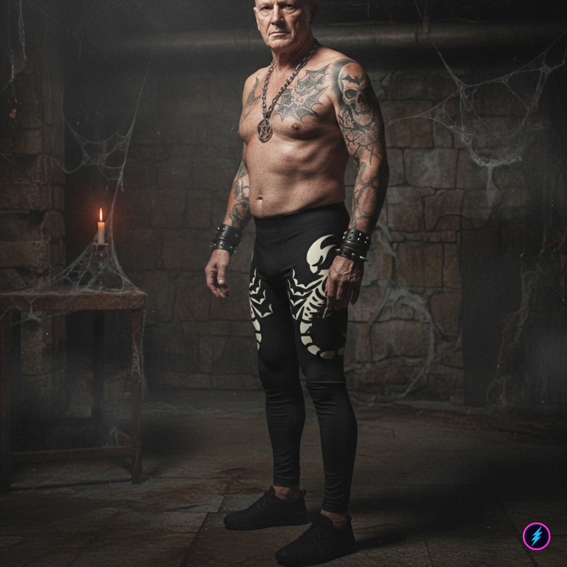 Man with tattoos wearing black scorpion pro wrestling tights in a dark, gothic, stone-walled room.