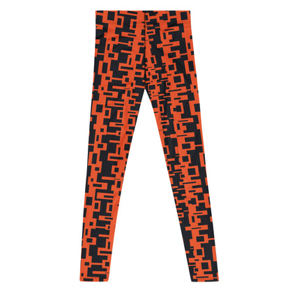Men's gym, sports and running leggings in vertical geometric design in orange and black.