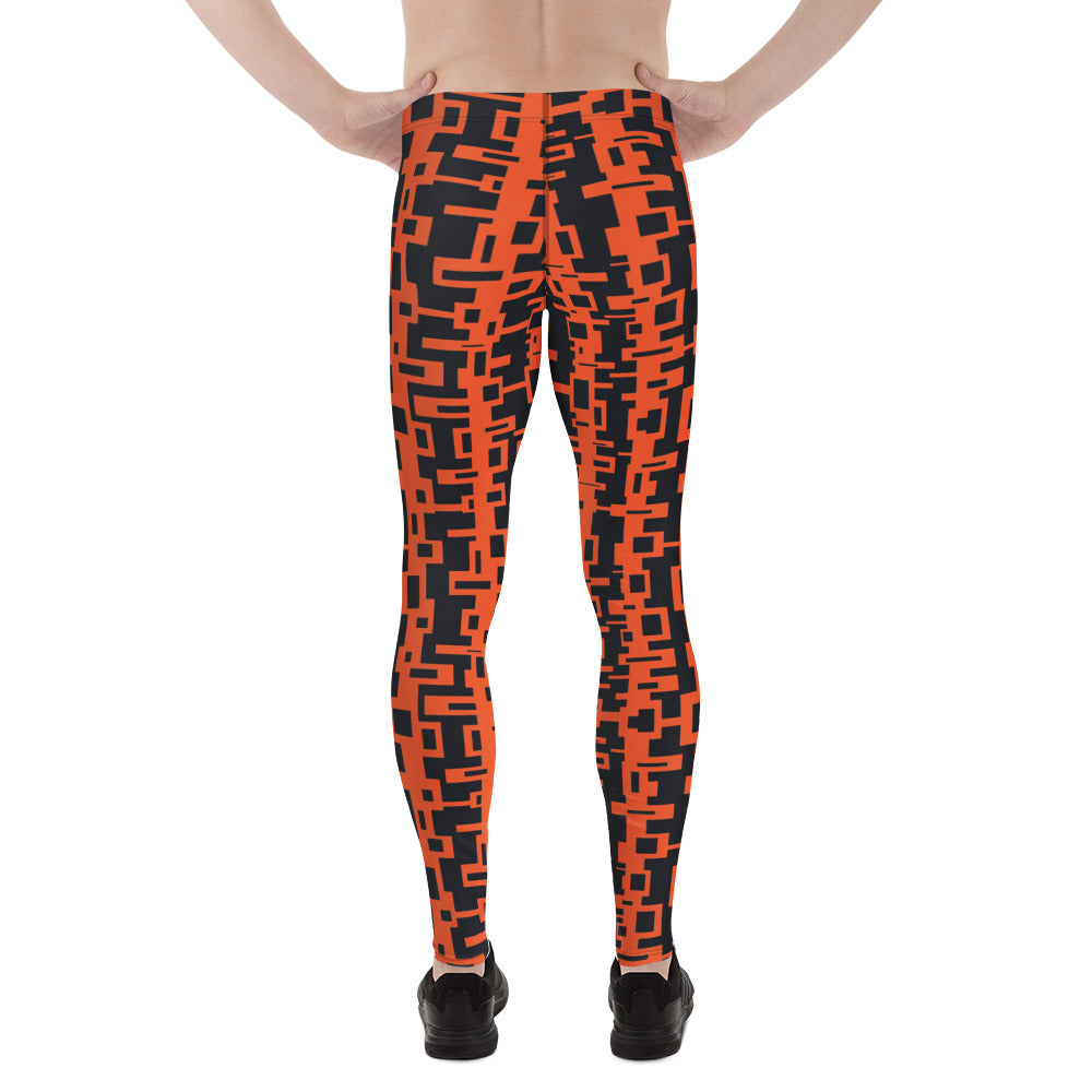 Men's gym, sports and running leggings in vertical geometric design in orange and black.