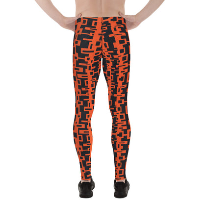 Men's gym, sports and running leggings in vertical geometric design in orange and black.