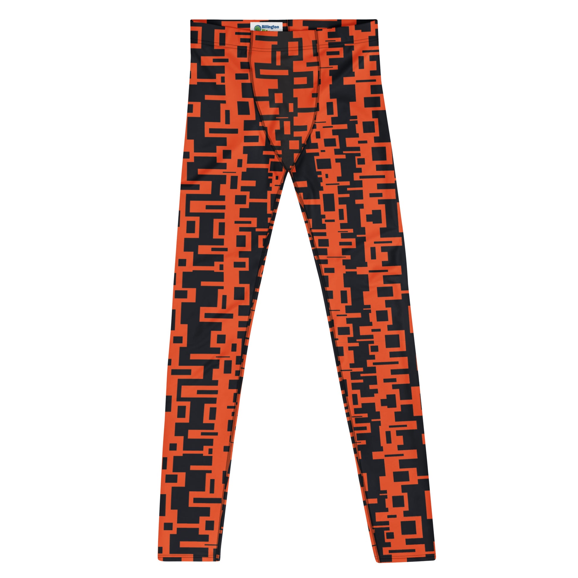 Men's gym, sports and running leggings in vertical geometric design in orange and black.
