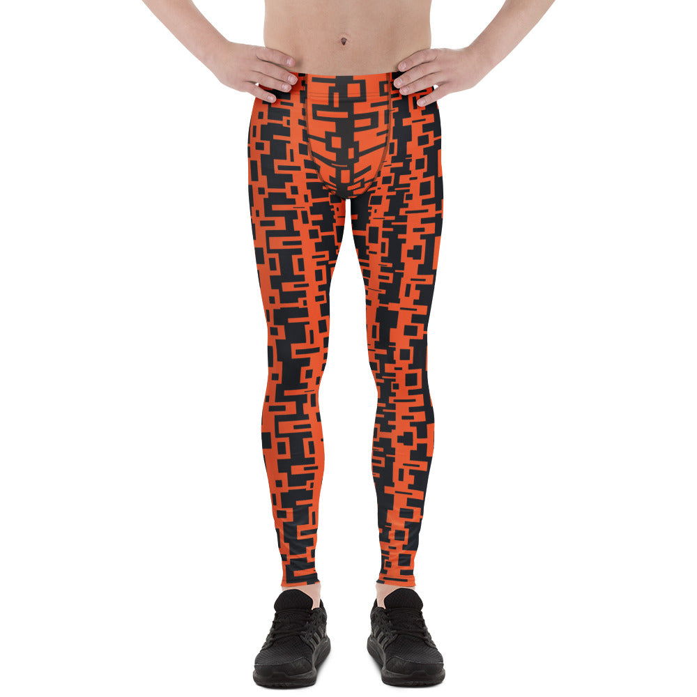 Men's gym, sports and running leggings in vertical geometric design in orange and black.