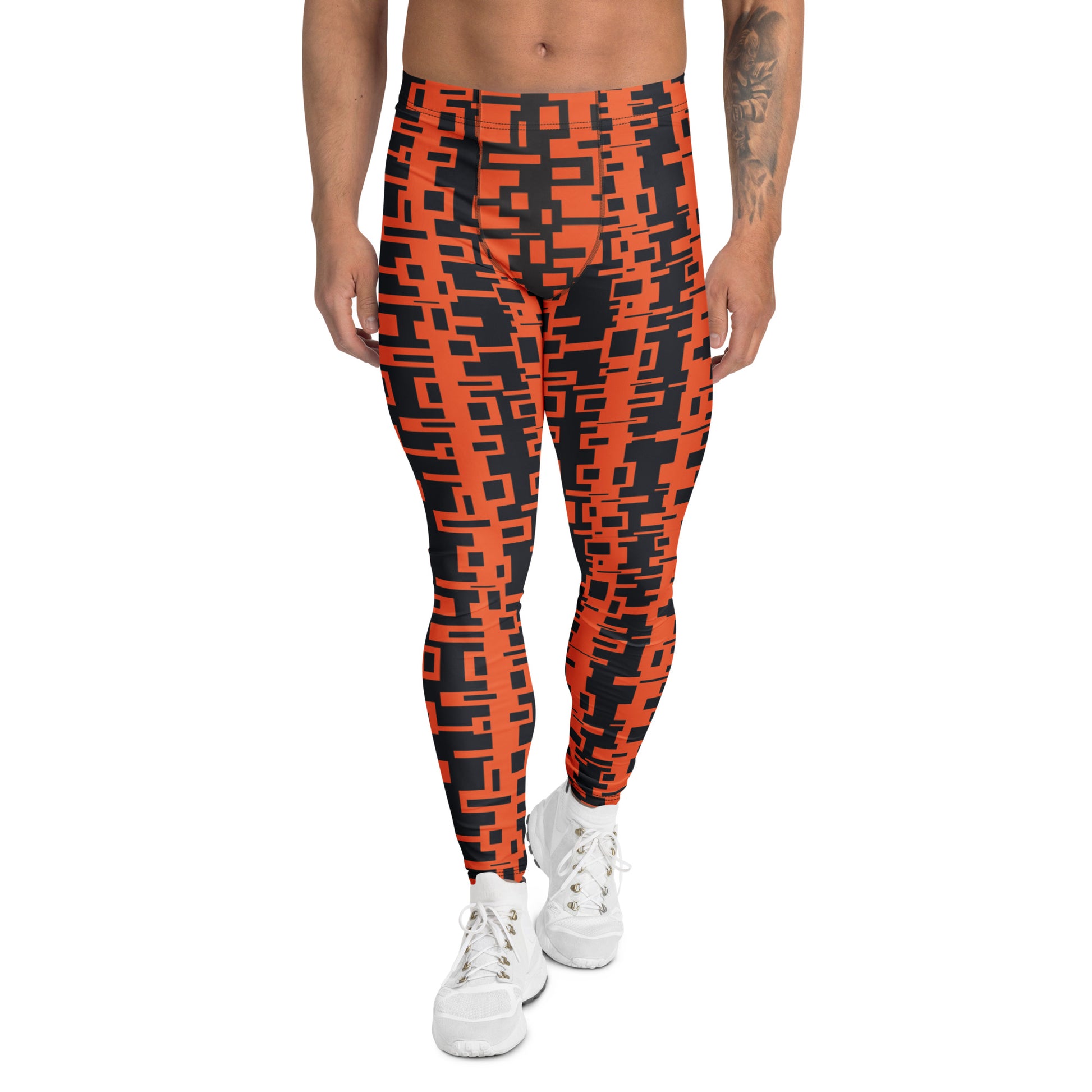Men's gym leggings in vertical geometric design in orange and black.