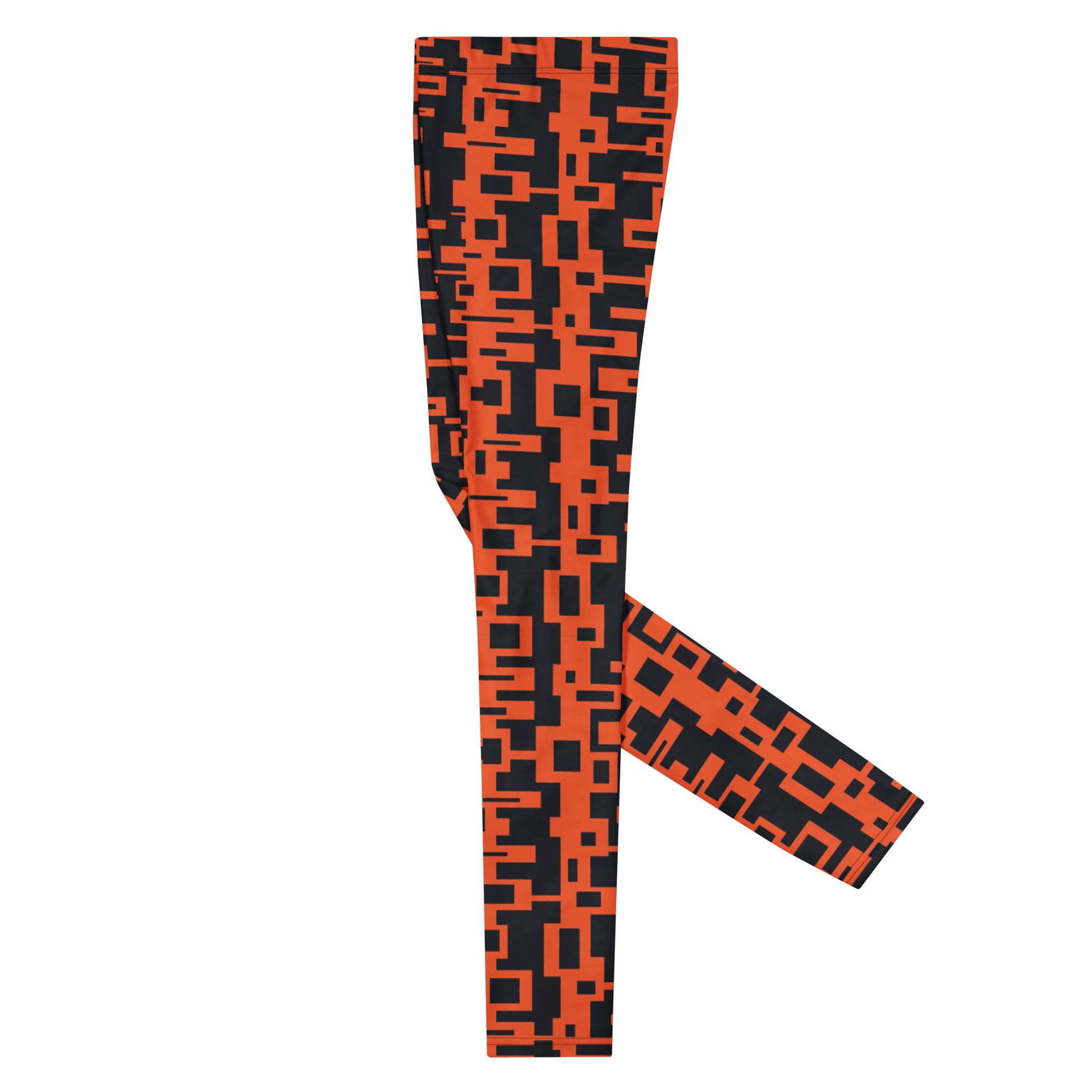 Men's gym, sports and running leggings in vertical geometric design in orange and black.