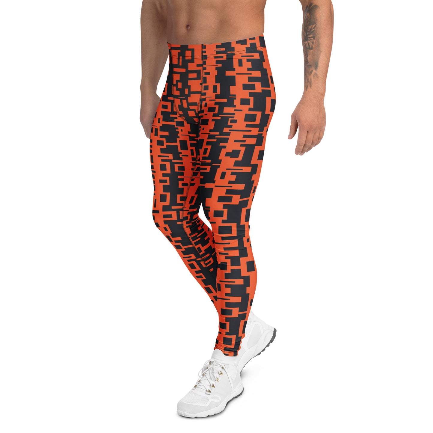 Men's gym, sports and running leggings in vertical geometric design in orange and black.