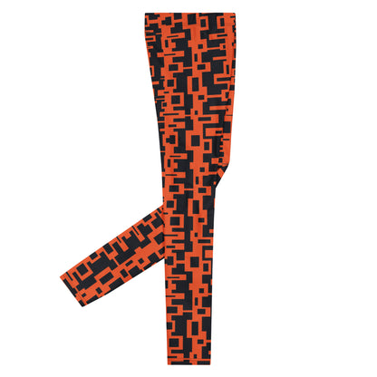 Men's gym, sports and running leggings in vertical geometric design in orange and black.