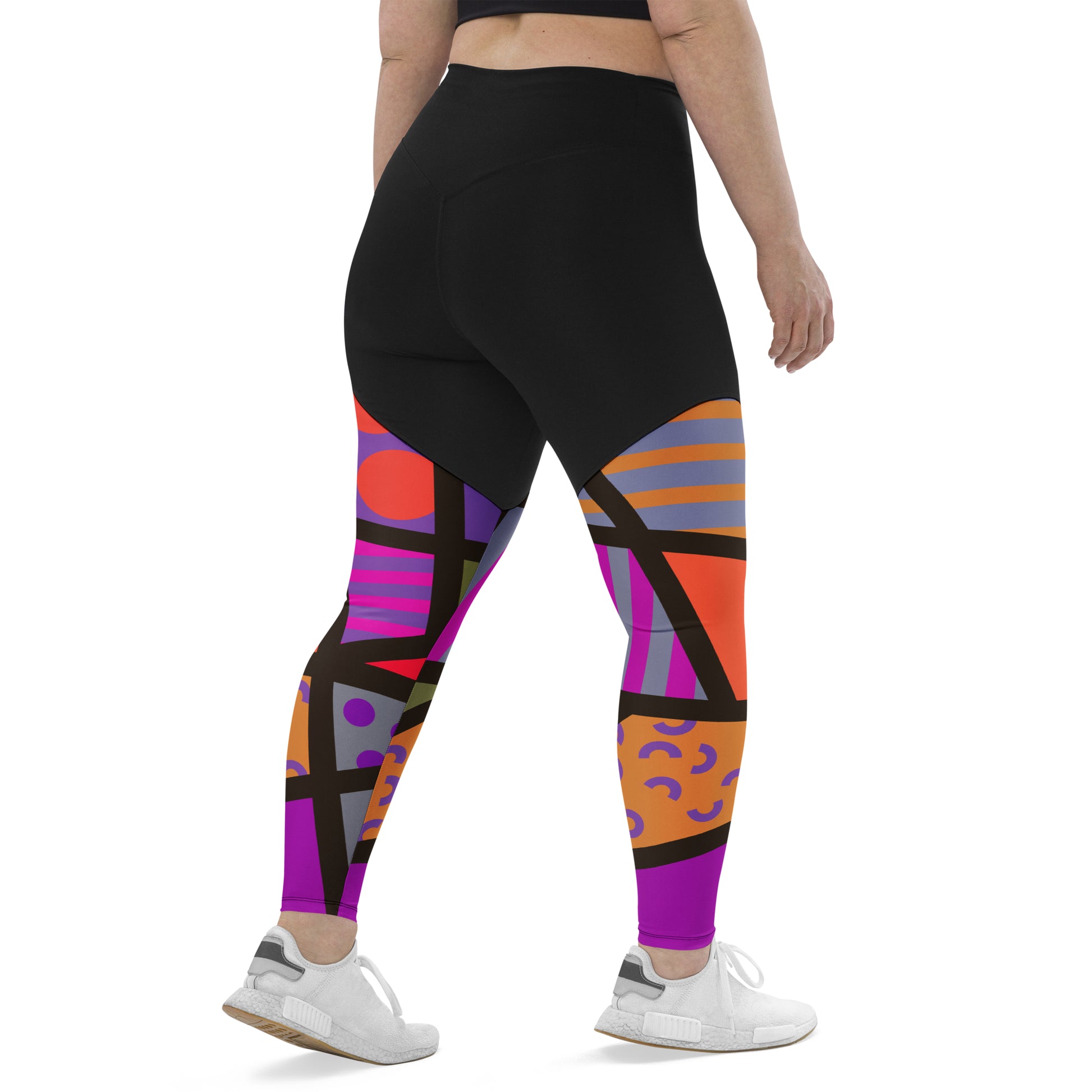 Sports leggings for women with black upper top and geometric muted orange and purple patterned legs. Compression ankle length gym leggings with high elasticated waistband. Non-see through and squat proof leggings.